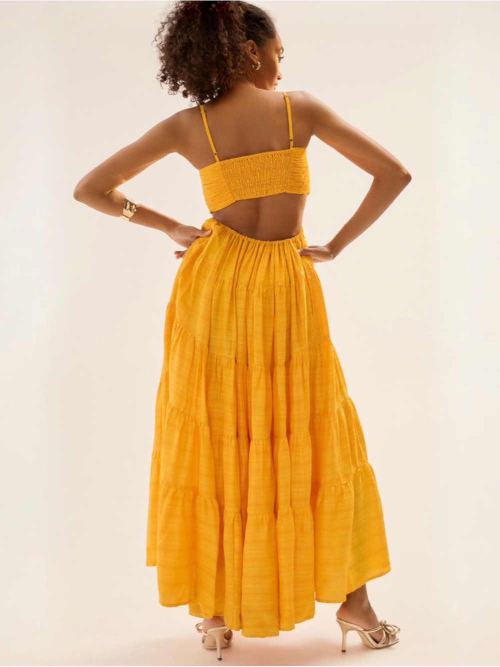 Anthropologie Let Me Be Mango Cutout Tiered Maxi Dress Open Back Large NWT - Picture 3 of 8